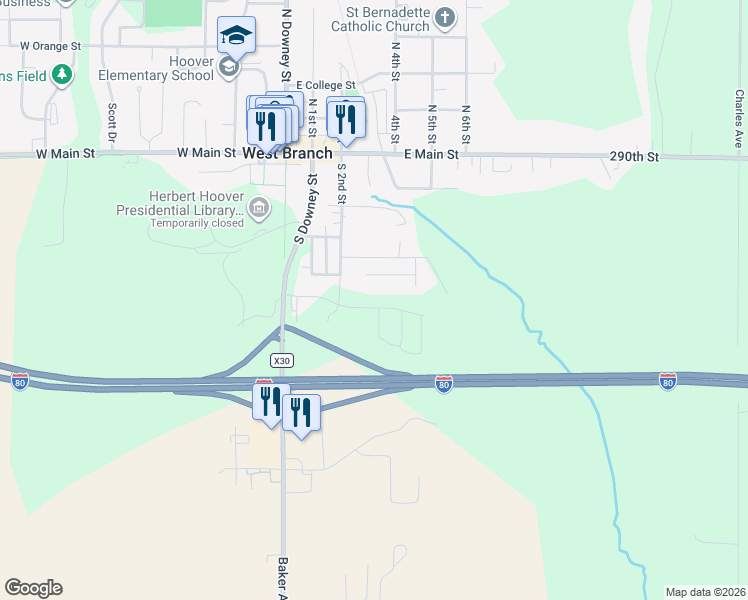 map of restaurants, bars, coffee shops, grocery stores, and more near Cookson Drive in West Branch