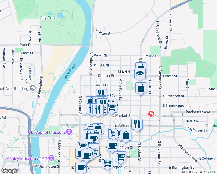 map of restaurants, bars, coffee shops, grocery stores, and more near 402 Fairchild Street in Iowa City