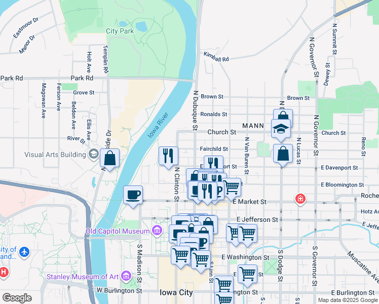 map of restaurants, bars, coffee shops, grocery stores, and more near in Iowa City