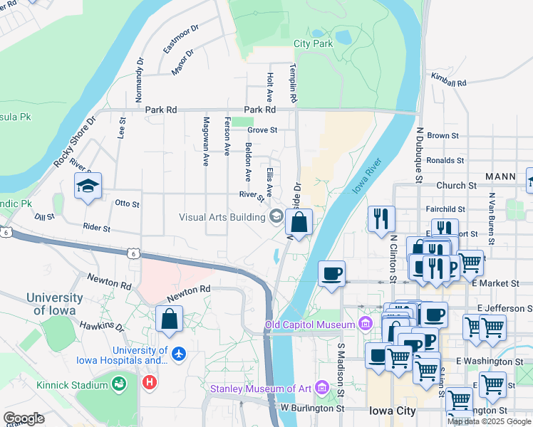 map of restaurants, bars, coffee shops, grocery stores, and more near 202 Ellis Avenue in Iowa City