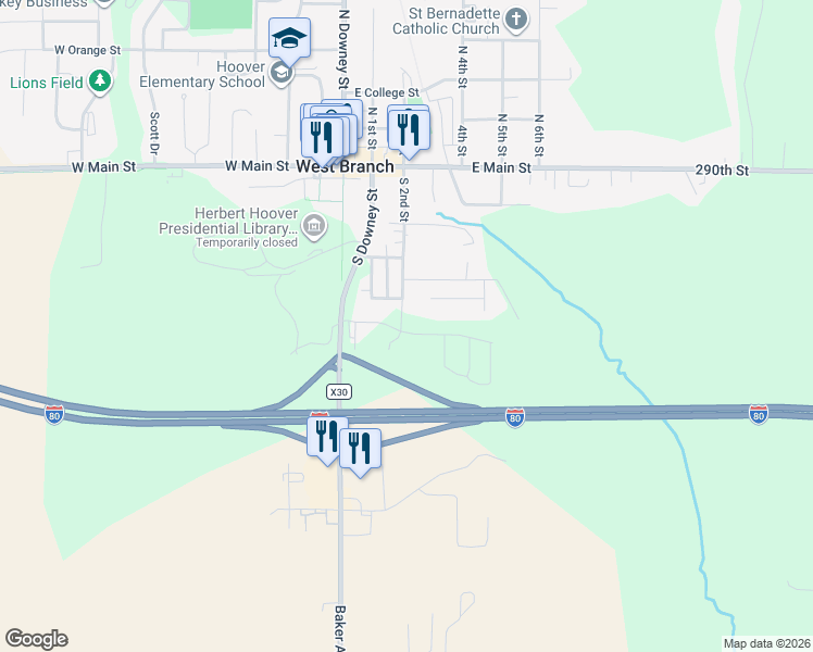 map of restaurants, bars, coffee shops, grocery stores, and more near 399 South 2nd Street in West Branch