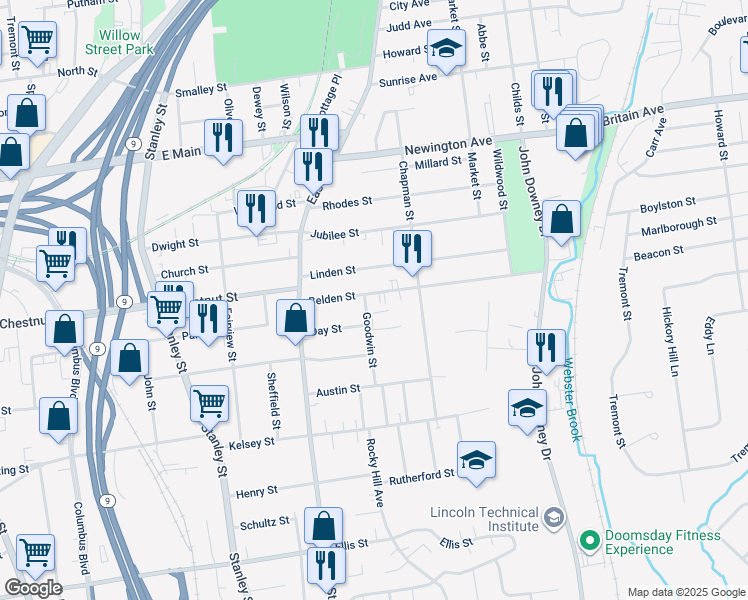 map of restaurants, bars, coffee shops, grocery stores, and more near 85 Belden Street in New Britain