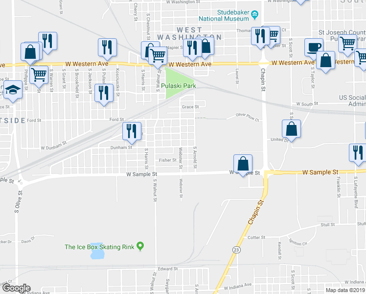 map of restaurants, bars, coffee shops, grocery stores, and more near 1222 Dunham Street in South Bend
