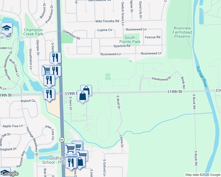 map of restaurants, bars, coffee shops, grocery stores, and more near 23700 119th Street in Plainfield