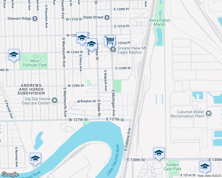map of restaurants, bars, coffee shops, grocery stores, and more near 12465 South Wabash Avenue in Chicago