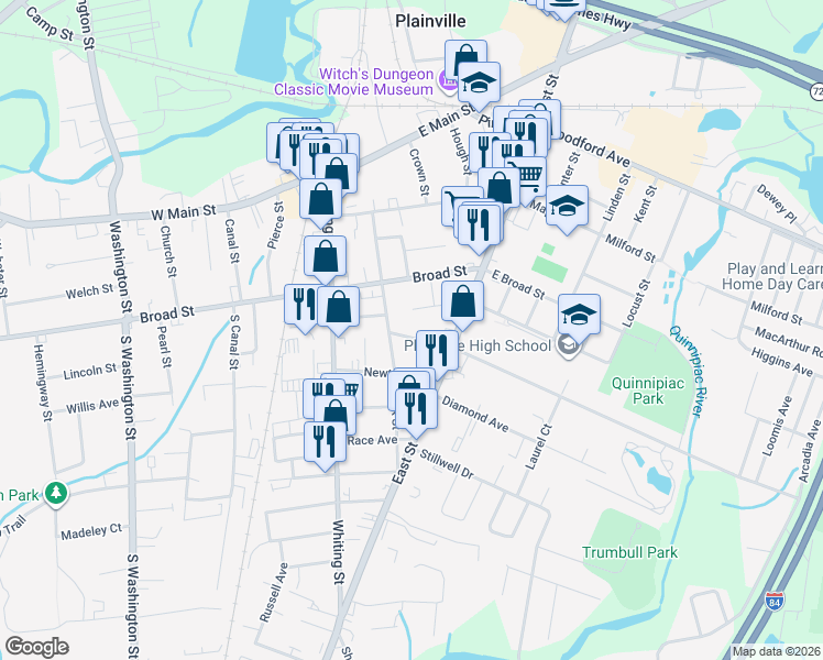map of restaurants, bars, coffee shops, grocery stores, and more near 11 Tomlinson Avenue in Plainville