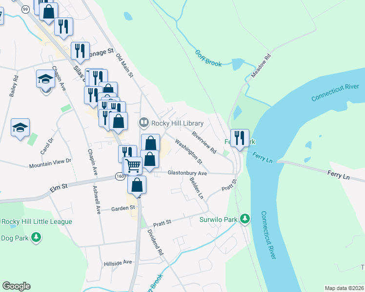 map of restaurants, bars, coffee shops, grocery stores, and more near 100 Laura Lane in Rocky Hill