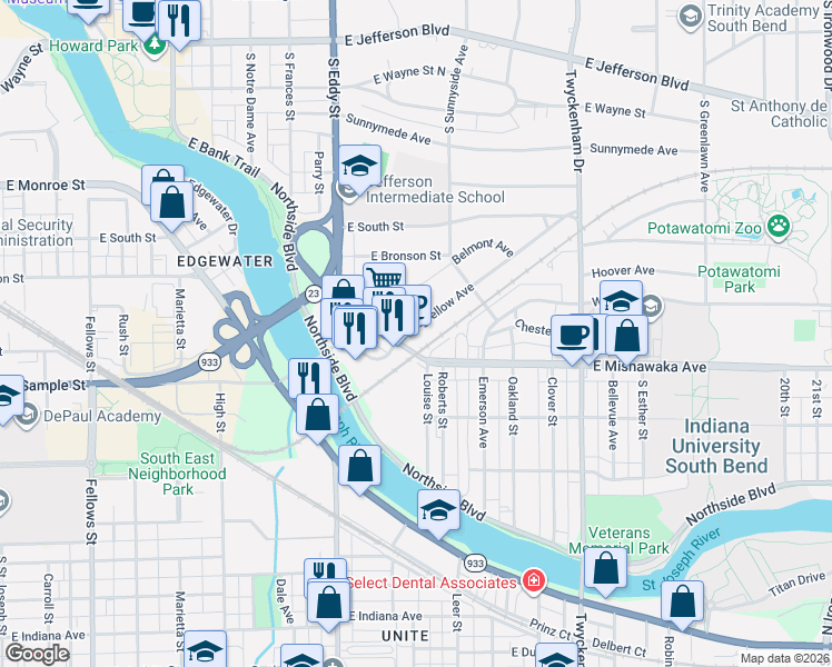 map of restaurants, bars, coffee shops, grocery stores, and more near 1201-1243 Longfellow Ave in South Bend