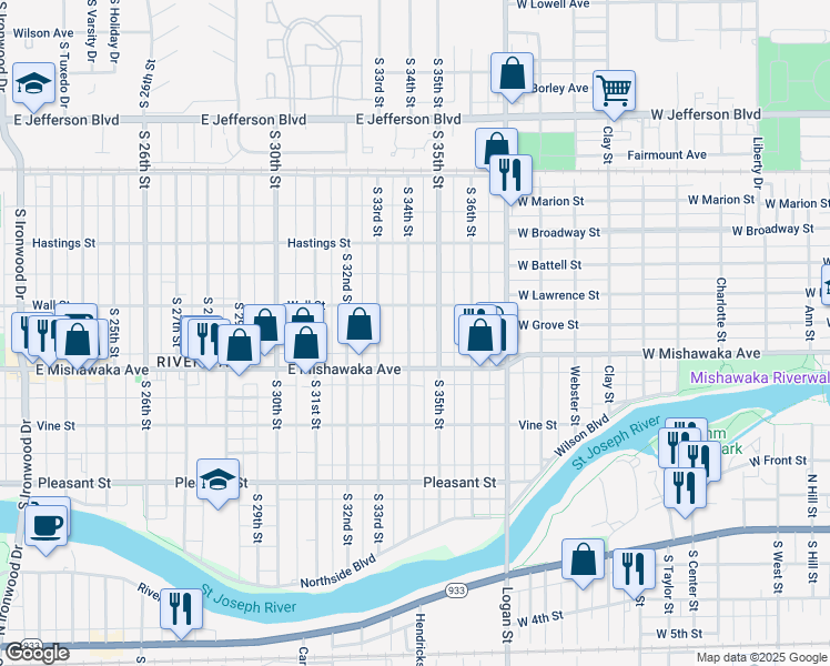 map of restaurants, bars, coffee shops, grocery stores, and more near 817 South 34th Street in South Bend