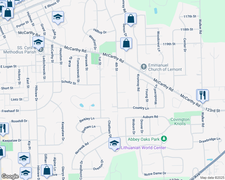 map of restaurants, bars, coffee shops, grocery stores, and more near 600 4th Street in Lemont