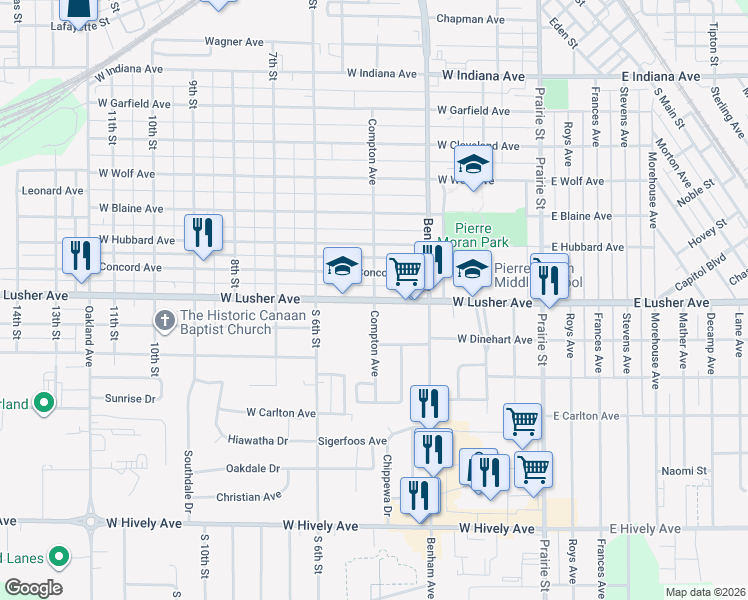 map of restaurants, bars, coffee shops, grocery stores, and more near 2100 Compton Avenue in Elkhart
