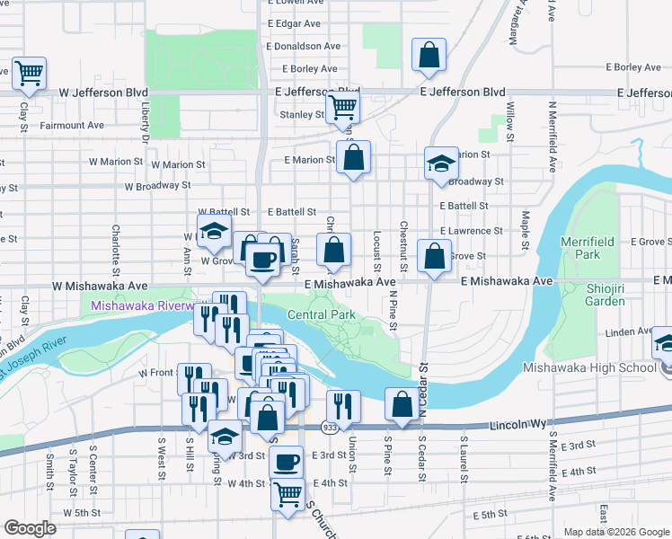 map of restaurants, bars, coffee shops, grocery stores, and more near 653-699 Christyann St in Mishawaka