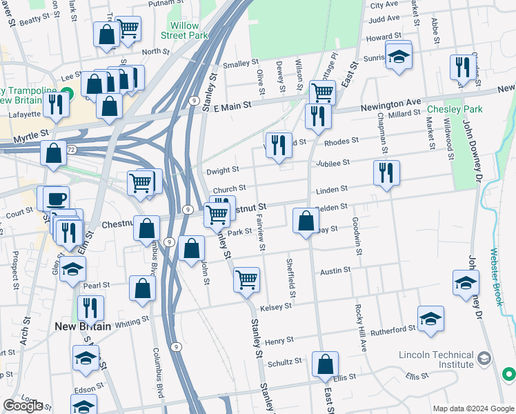 map of restaurants, bars, coffee shops, grocery stores, and more near Chestnut Street & Fairview Street in New Britain