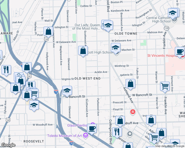map of restaurants, bars, coffee shops, grocery stores, and more near 603 Acklin Avenue in Toledo
