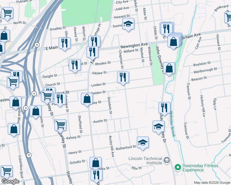 map of restaurants, bars, coffee shops, grocery stores, and more near 101 Belden Street in New Britain