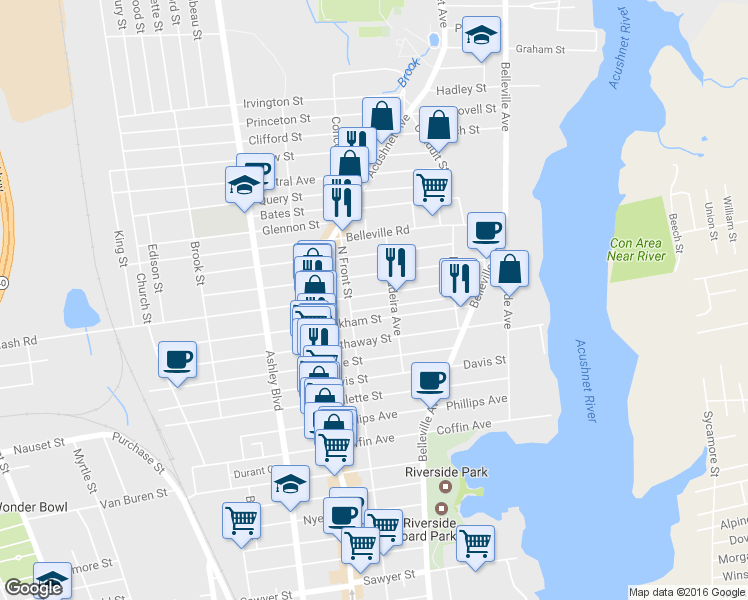 map of restaurants, bars, coffee shops, grocery stores, and more near 122 Nash Road in New Bedford