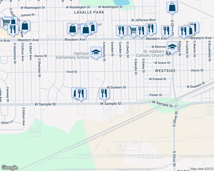 map of restaurants, bars, coffee shops, grocery stores, and more near 744 South Kentucky Street in South Bend