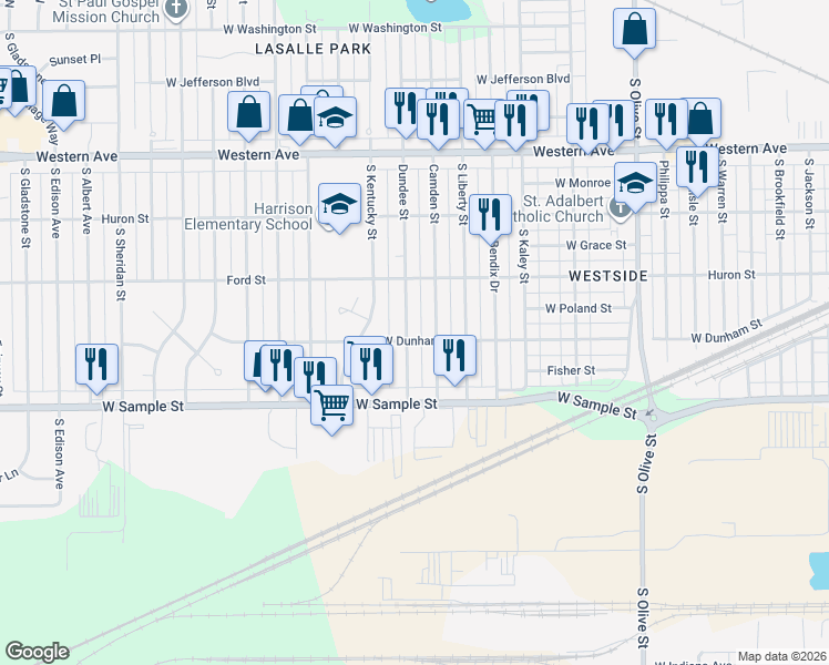map of restaurants, bars, coffee shops, grocery stores, and more near 742 Dundee Street in South Bend