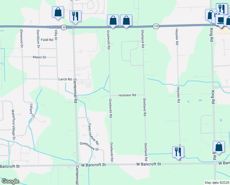 map of restaurants, bars, coffee shops, grocery stores, and more near 8050 Holstein Road in Toledo