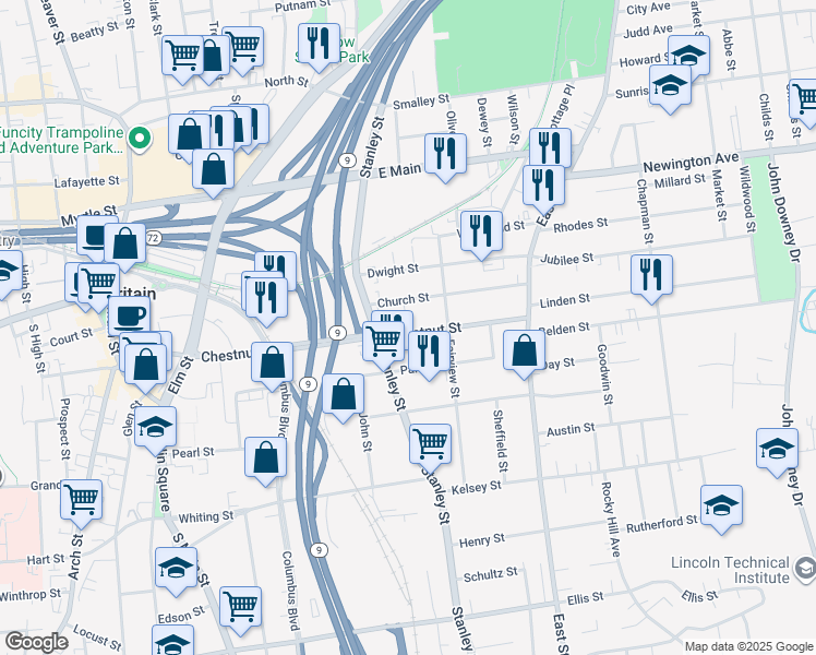 map of restaurants, bars, coffee shops, grocery stores, and more near 320 Chestnut Street in New Britain