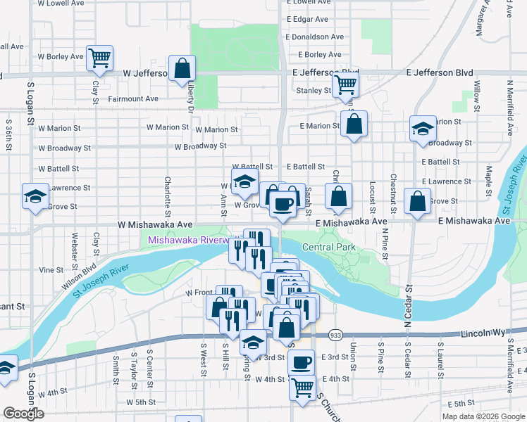 map of restaurants, bars, coffee shops, grocery stores, and more near 116 West Mishawaka Avenue in Mishawaka