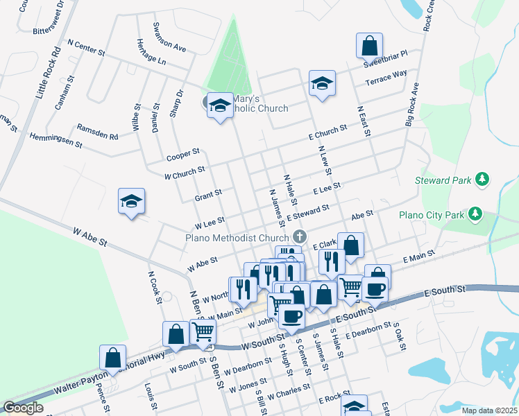map of restaurants, bars, coffee shops, grocery stores, and more near 3 East Lee Street in Plano