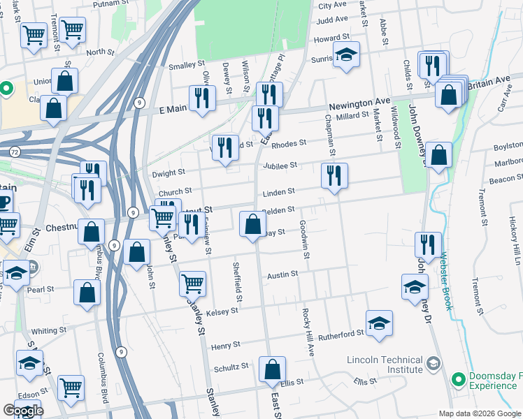 map of restaurants, bars, coffee shops, grocery stores, and more near 16 Belden Street in New Britain