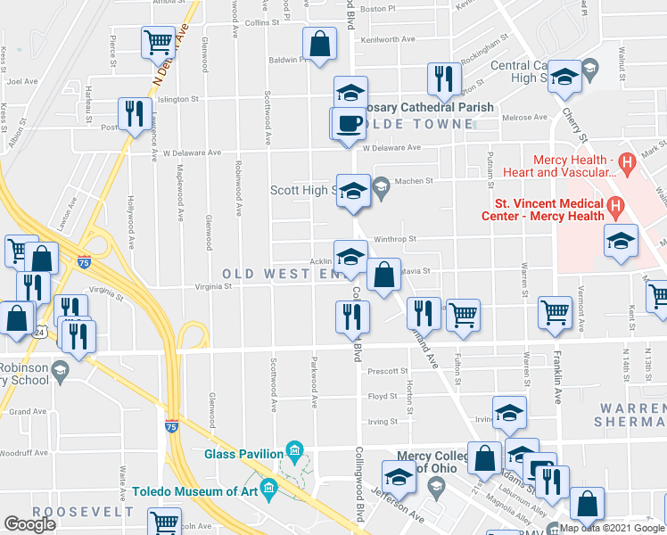 map of restaurants, bars, coffee shops, grocery stores, and more near 527 Acklin Avenue in Toledo