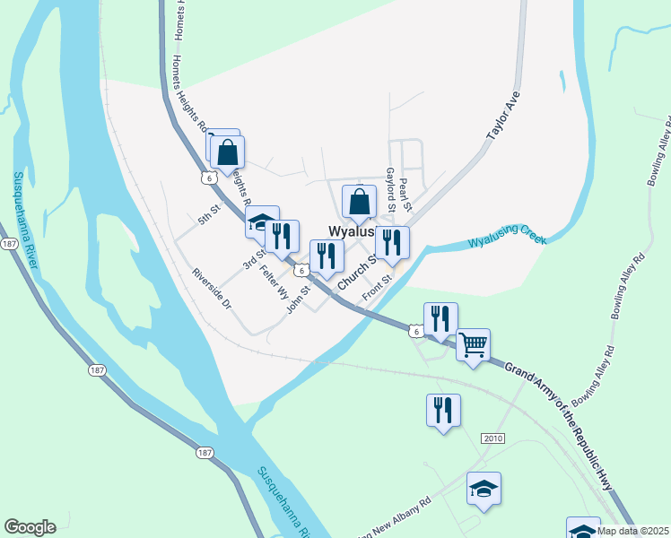 map of restaurants, bars, coffee shops, grocery stores, and more near 201-213 1st Street in Wyalusing