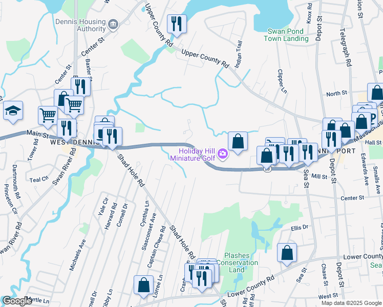 map of restaurants, bars, coffee shops, grocery stores, and more near 223 Massachusetts 28 in Dennis