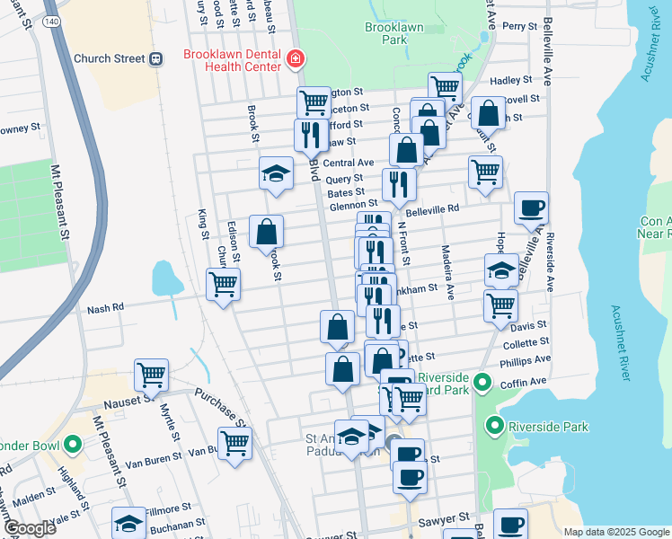 map of restaurants, bars, coffee shops, grocery stores, and more near 214 Whitman Street in New Bedford