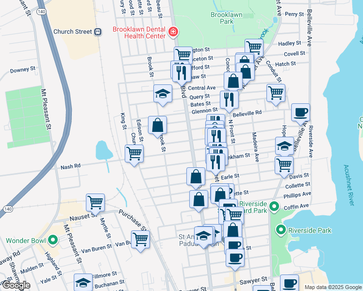 map of restaurants, bars, coffee shops, grocery stores, and more near 248 Whitman Street in New Bedford