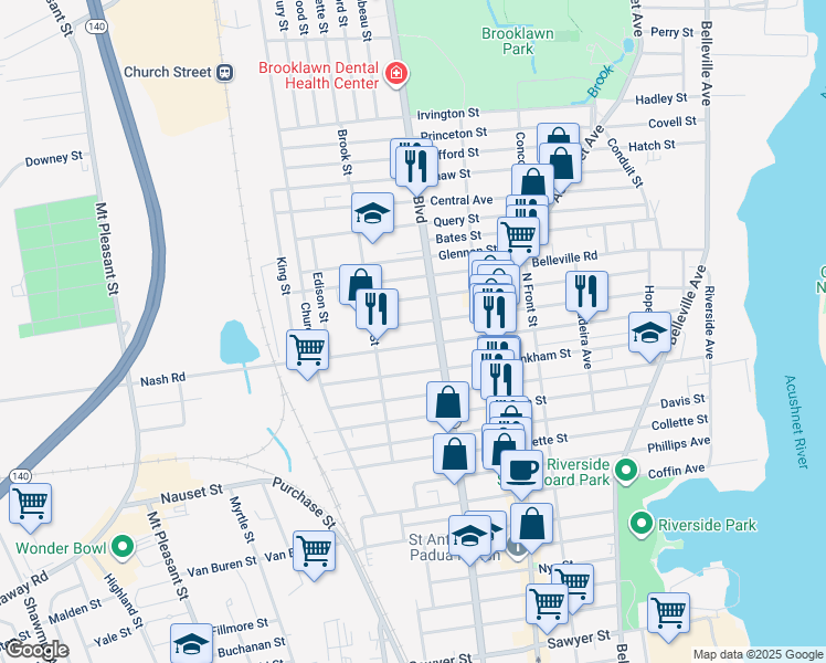 map of restaurants, bars, coffee shops, grocery stores, and more near 248 Whitman Street in New Bedford