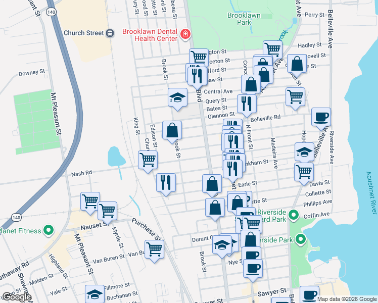 map of restaurants, bars, coffee shops, grocery stores, and more near 248 Whitman Street in New Bedford