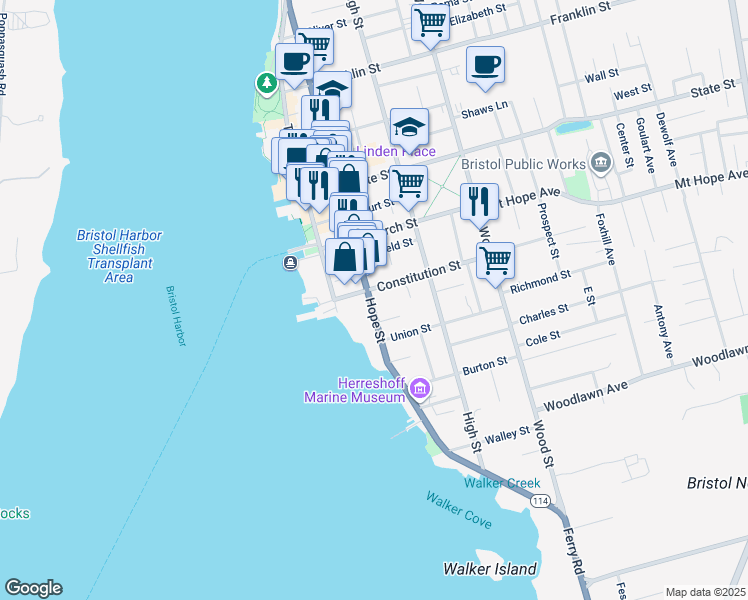 map of restaurants, bars, coffee shops, grocery stores, and more near 265 Hope Street in Bristol