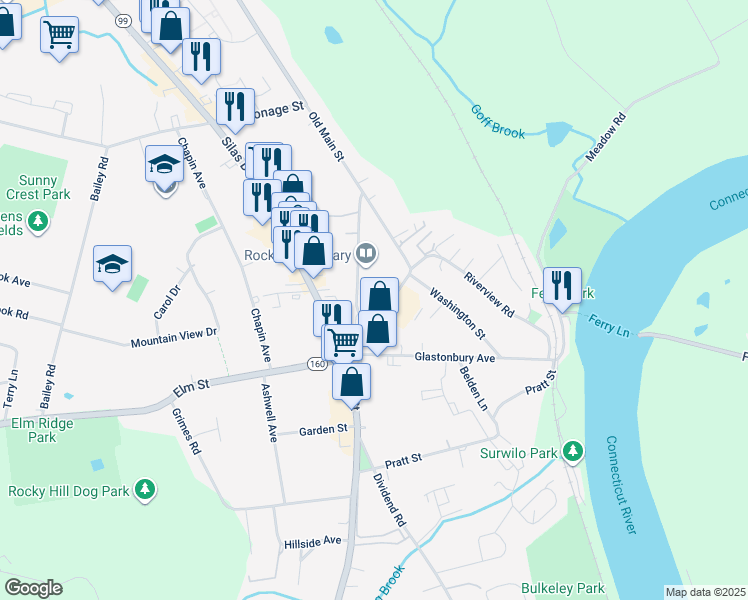 map of restaurants, bars, coffee shops, grocery stores, and more near 33 Church Street in Rocky Hill