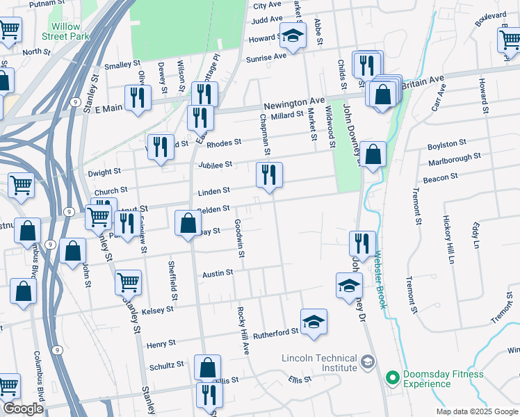 map of restaurants, bars, coffee shops, grocery stores, and more near 123 Belden Street in New Britain