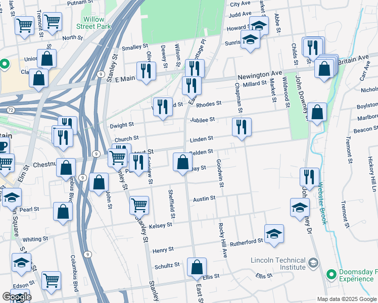 map of restaurants, bars, coffee shops, grocery stores, and more near 16 Belden Street in New Britain