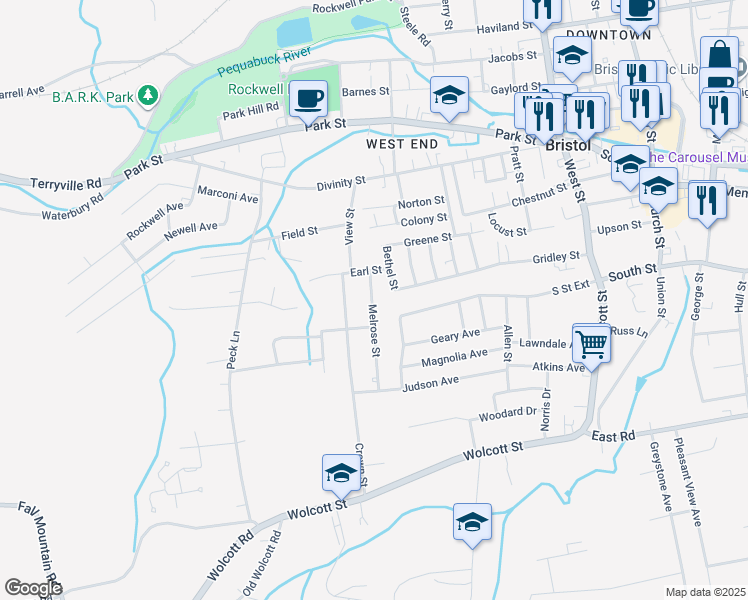 map of restaurants, bars, coffee shops, grocery stores, and more near 240 Gridley Street in Bristol