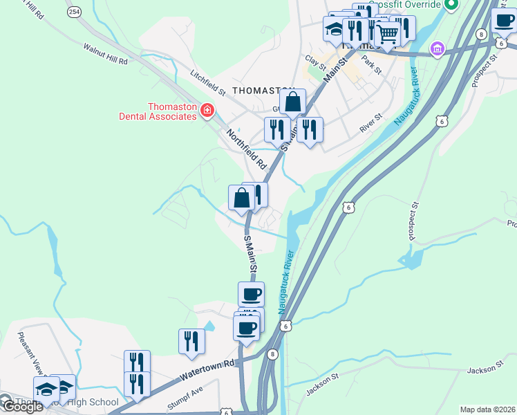 map of restaurants, bars, coffee shops, grocery stores, and more near 331 McMahon Drive in Thomaston