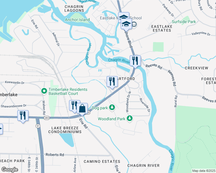 map of restaurants, bars, coffee shops, grocery stores, and more near 1 Gilbert Drive in Eastlake