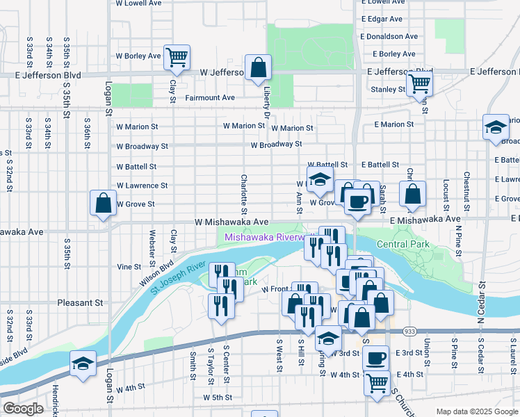 map of restaurants, bars, coffee shops, grocery stores, and more near 411 West Grove Street in Mishawaka