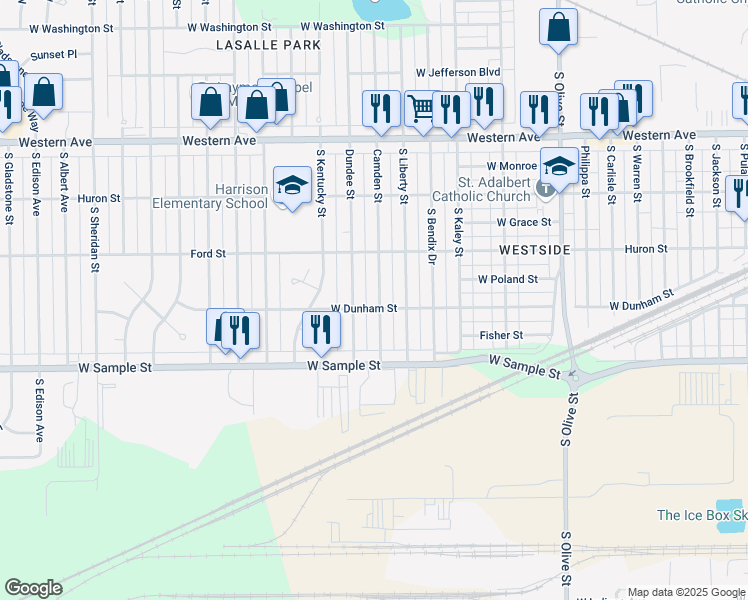 map of restaurants, bars, coffee shops, grocery stores, and more near 742 Dundee Street in South Bend