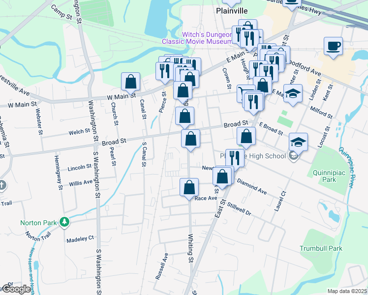 map of restaurants, bars, coffee shops, grocery stores, and more near 92 Whiting Street in Plainville