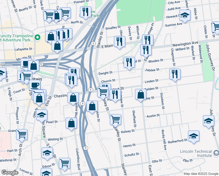 map of restaurants, bars, coffee shops, grocery stores, and more near 340 Chestnut Street in New Britain