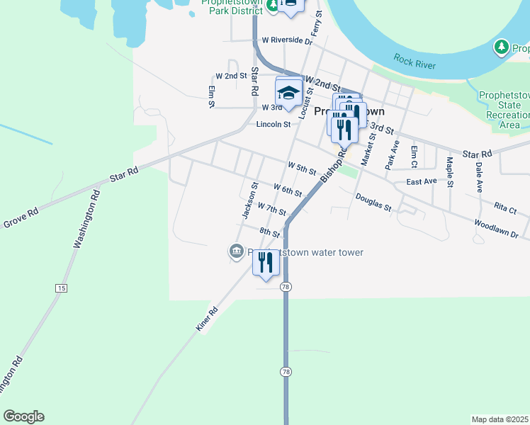 map of restaurants, bars, coffee shops, grocery stores, and more near 702 Locust Street in Prophetstown