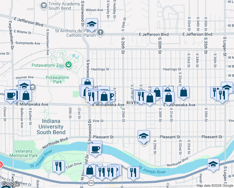 map of restaurants, bars, coffee shops, grocery stores, and more near 815 South 26th Street in South Bend