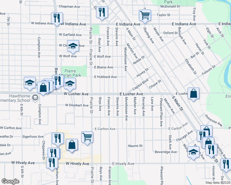 map of restaurants, bars, coffee shops, grocery stores, and more near 2051 Stevens Avenue in Elkhart