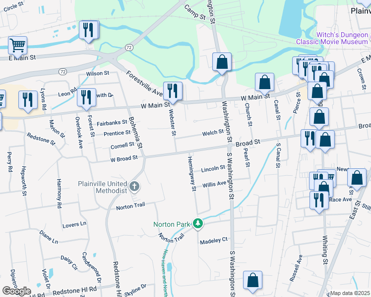 map of restaurants, bars, coffee shops, grocery stores, and more near 183 Broad Street in Plainville