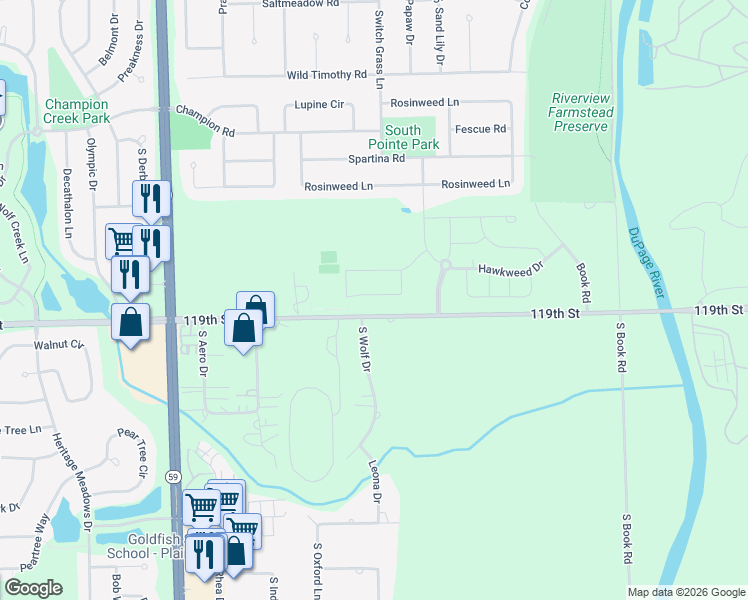 map of restaurants, bars, coffee shops, grocery stores, and more near 23700 119th Street in Plainfield